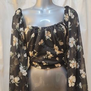Rue21 | Plus Black Floral Long Sleeve Tie Back Top | Color: Black | Size: 1X